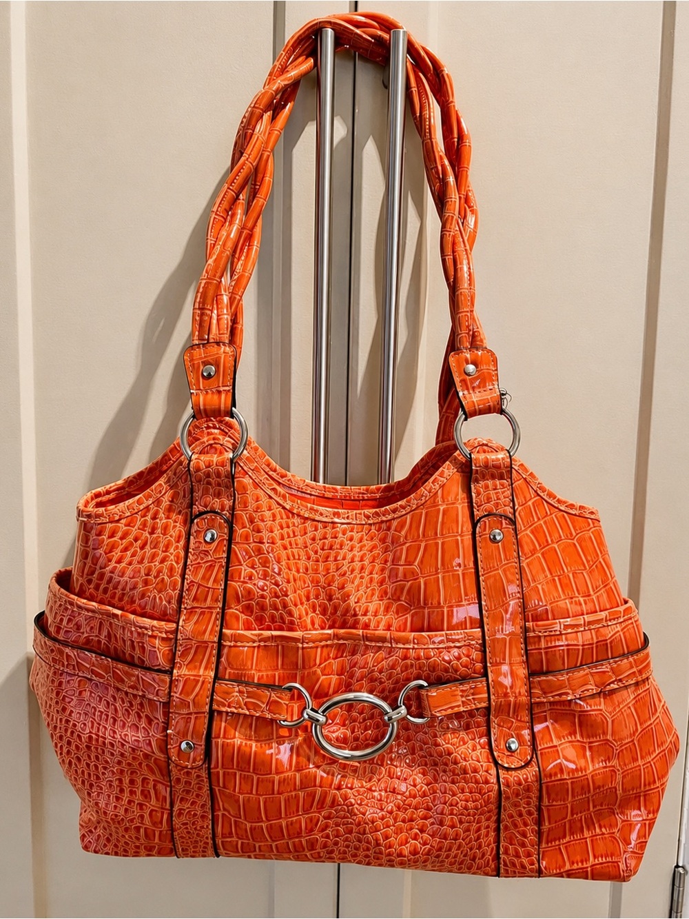 Rosetti Orange Croc-Texture Shoulder Bag with Silver Ring Detail